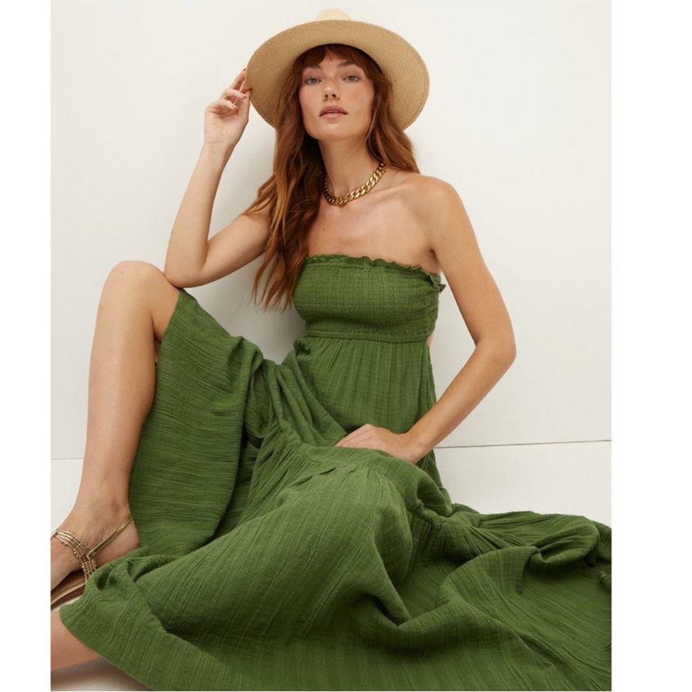 NWT Veronica Beard McKinney Strapless Cotton Tiered Maxi Dress in Forest Green